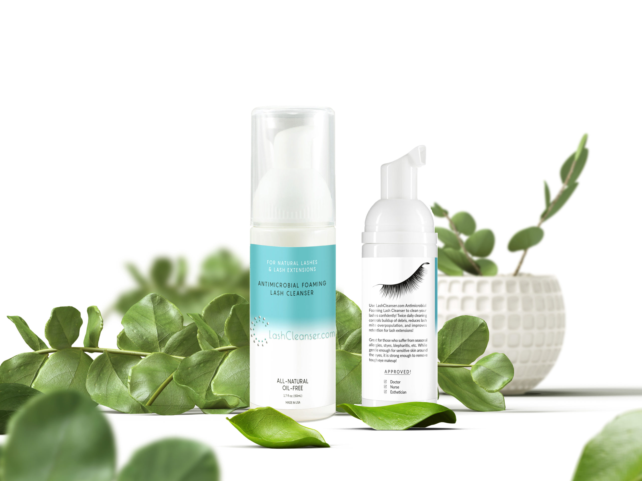 Lashcleanser.com Frontivew_2 two bottles mockup scene
